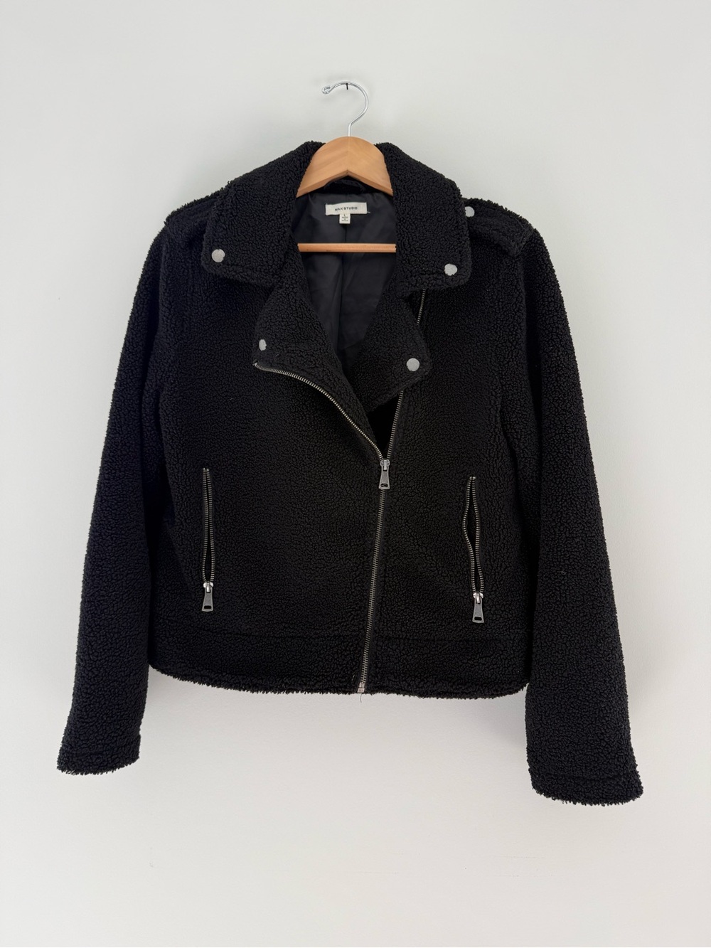 Max Studio Black Teddy Shearling Moto Jacket